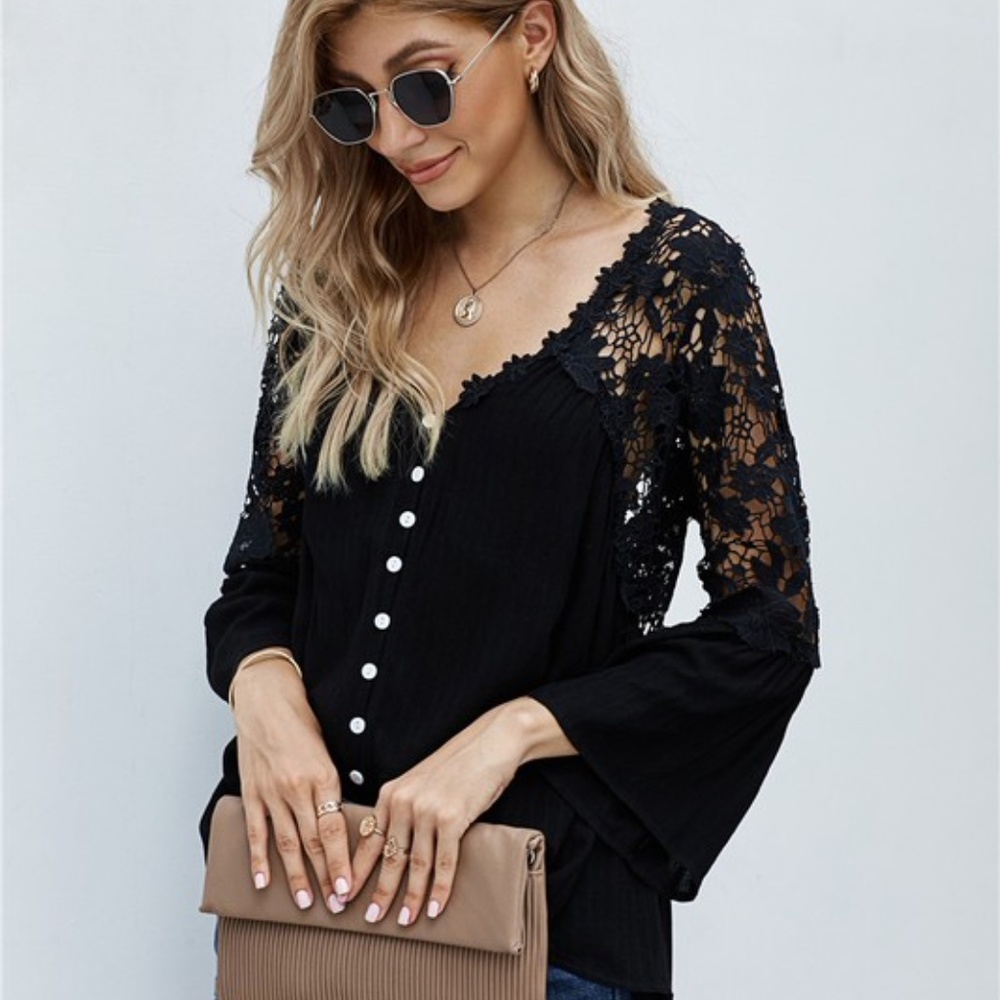 Boho Floral Embroidered Crochet Lace Button Up top - Picture 5 of 6